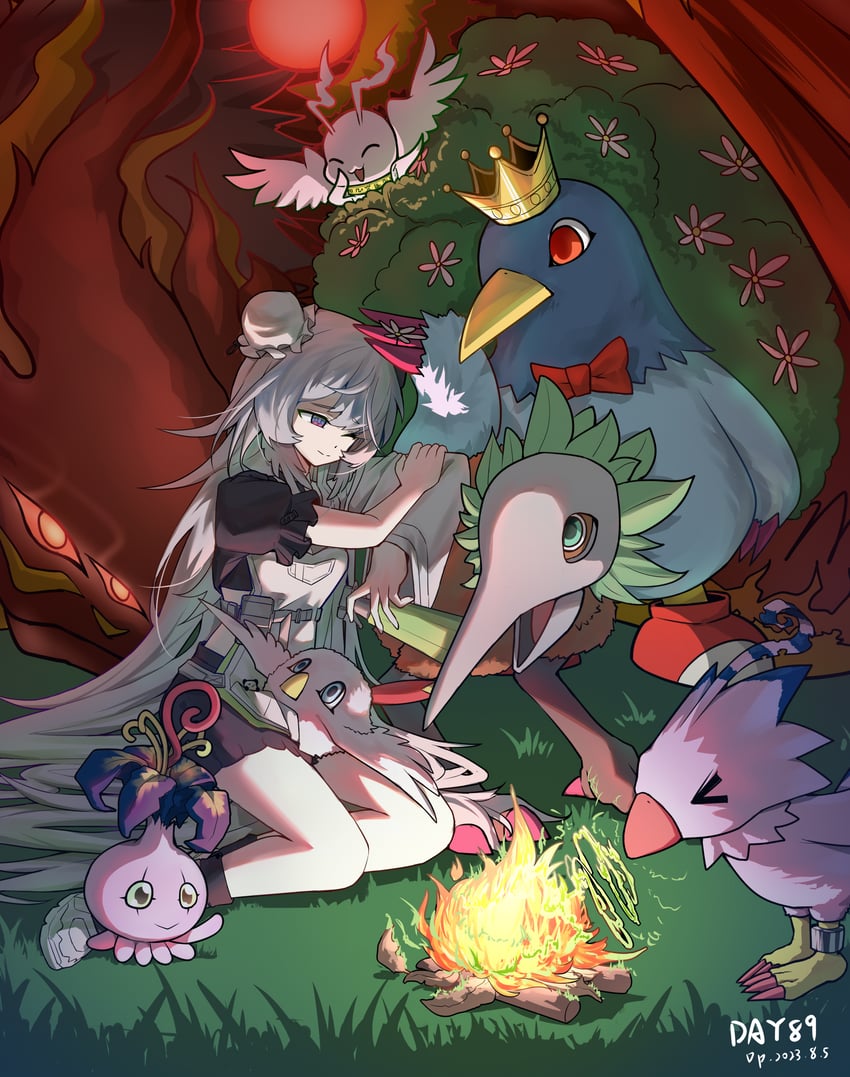 mulberry, piyomon, pyocomon, poromon, marinangemon, and 3 more (arknights and 1 more) drawn by gaoling_gangqin