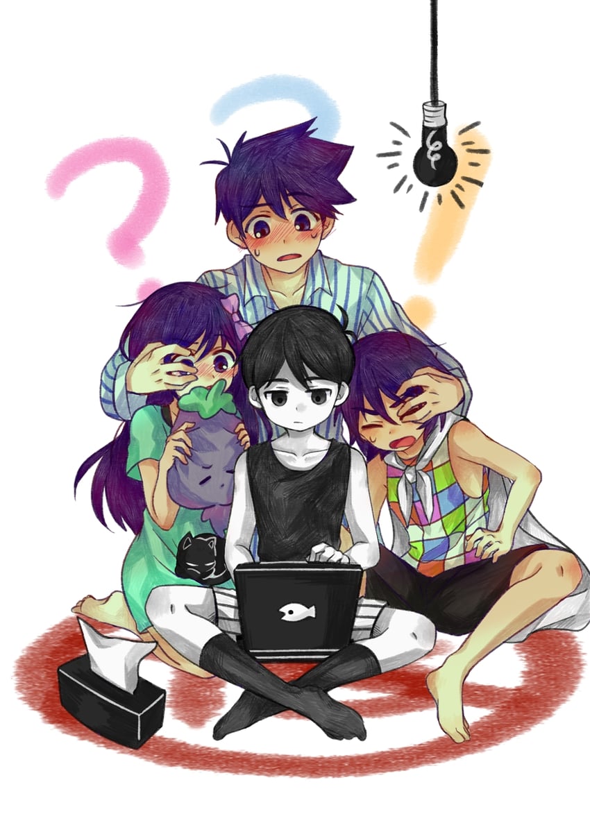 omori, aubrey, kel, hero, mewo, and 1 more (omori) drawn by linglanjunying