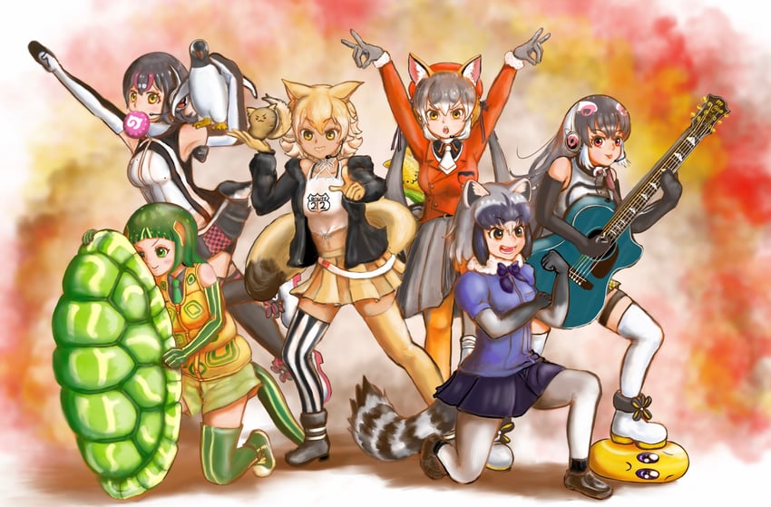 common raccoon, island fox, humboldt penguin, coyote, african penguin, and 3 more (kemono friends and 2 more) drawn by kani_misomiso
