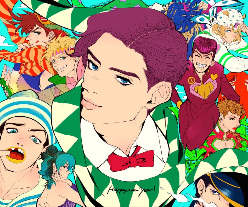 joseph joestar, kujo jotaro, caesar anthonio zeppeli, kujo jolyne, giorno giovanna, and 4 more (jojo no kimyou na bouken and 8 more) drawn by tsukimo_akira
