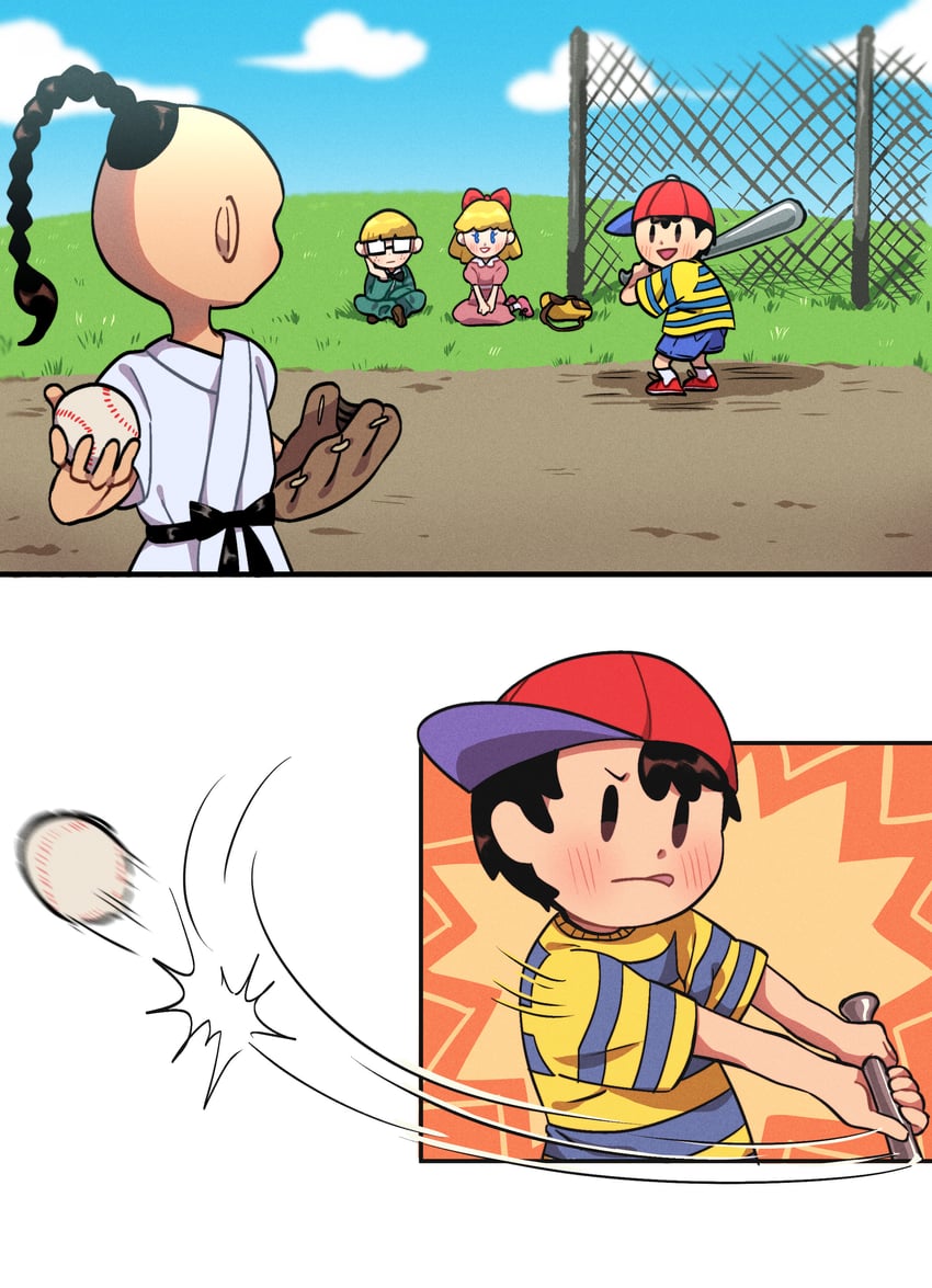 ness, paula, jeff andonuts, and poo (mother and 1 more) drawn by cosmosully