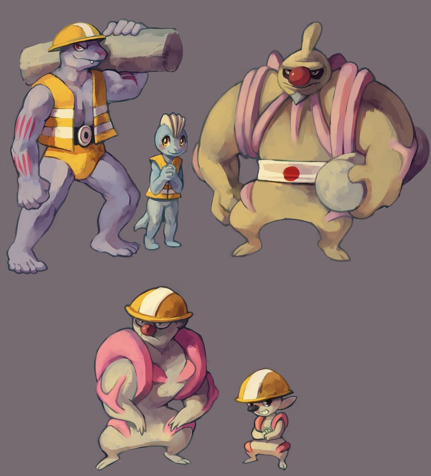 machoke, machop, conkeldurr, timburr, and gurdurr (pokemon and 1 more) drawn by glitchedpuppet
