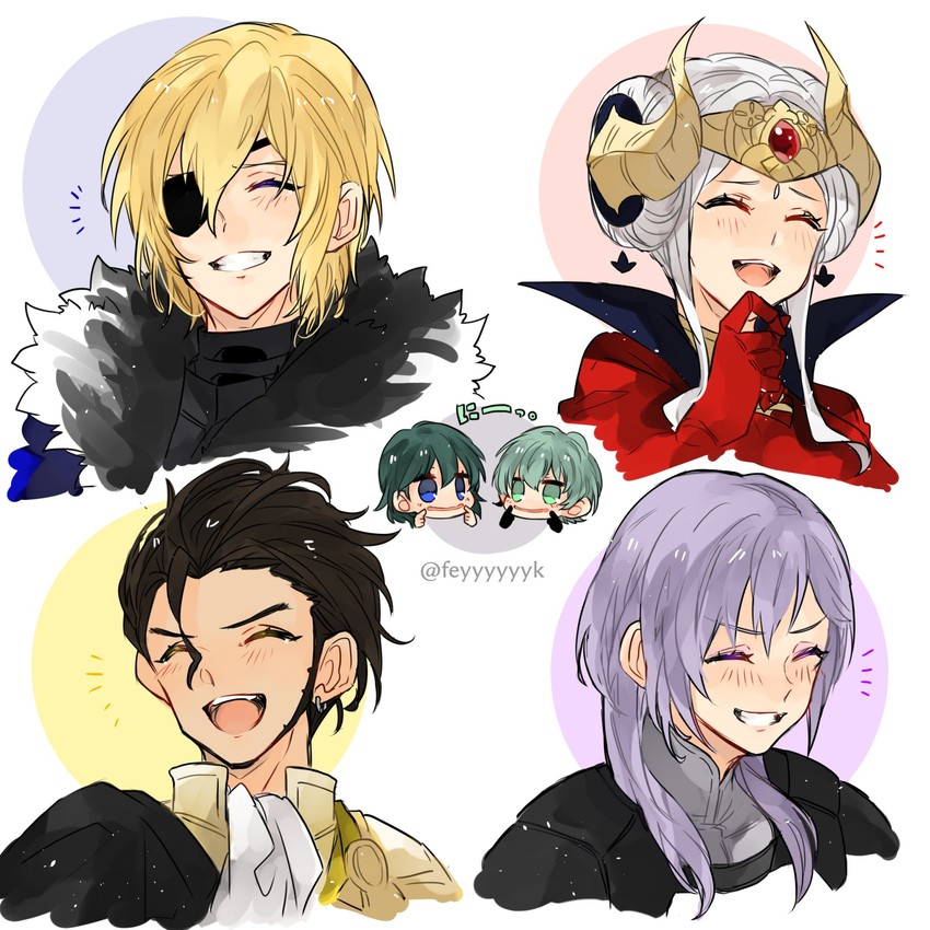 female byleth, edelgard von hresvelg, dimitri alexandre blaiddyd, claude von riegan, male byleth, and 1 more (fire emblem and 1 more) drawn by feyyyyyyk