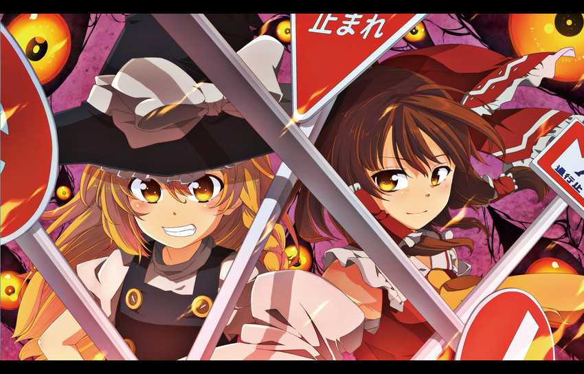 hakurei reimu and kirisame marisa (touhou and 2 more) drawn by senhaku