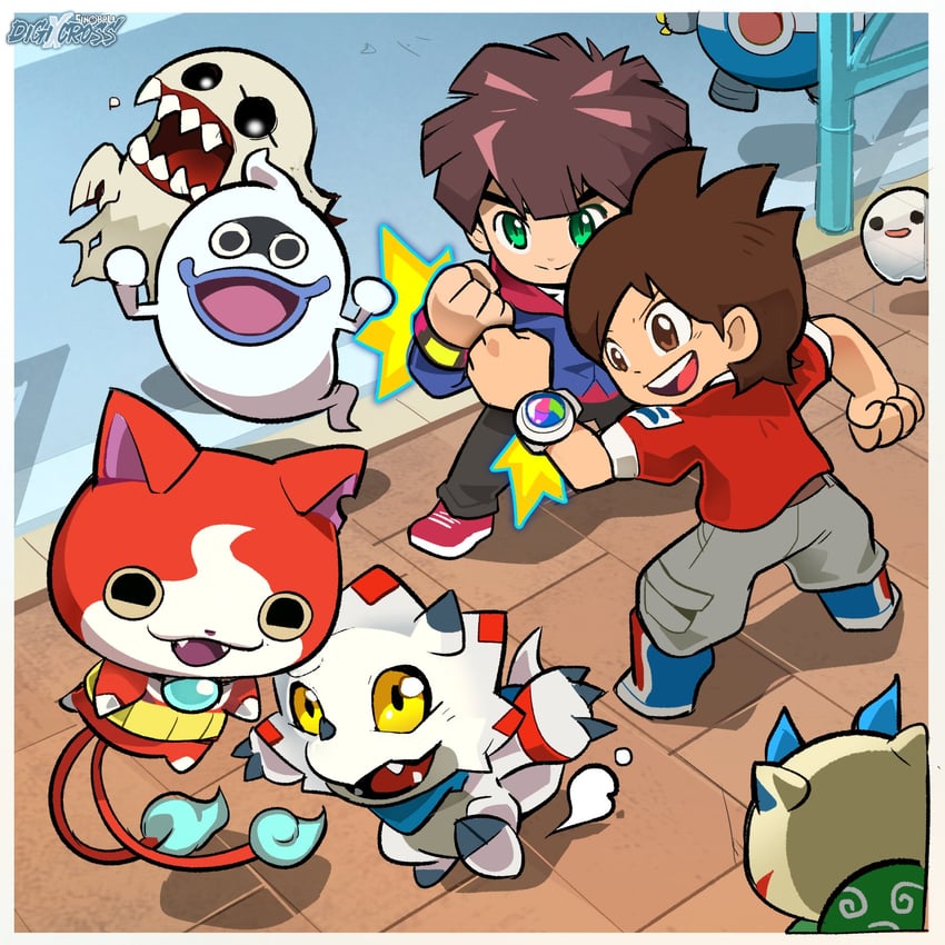 jibanyan, komasan, whisper, amano keita, gammamon, and 3 more (digimon and 2 more) drawn by sinobali