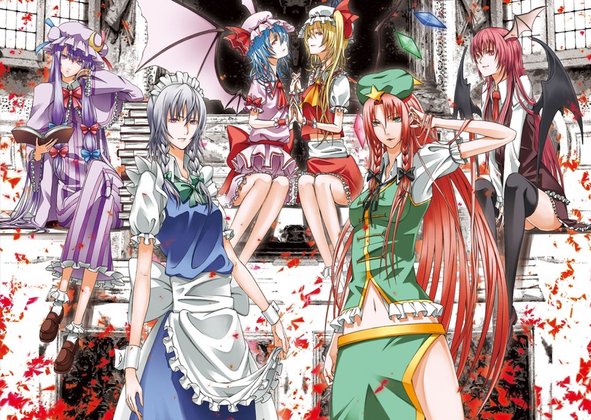 remilia scarlet, flandre scarlet, izayoi sakuya, patchouli knowledge, hong meiling, and 1 more (touhou) drawn by kuramunatchu