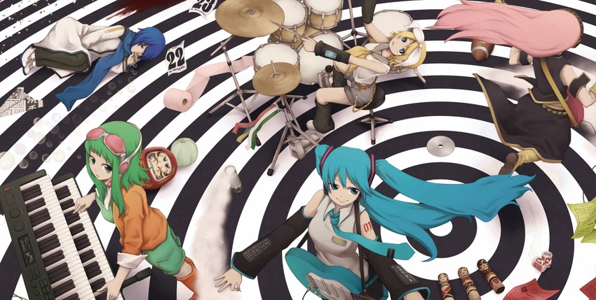 hatsune miku, kagamine rin, megurine luka, kaito, and gumi (vocaloid) drawn by yajirushi_(chanoma)
