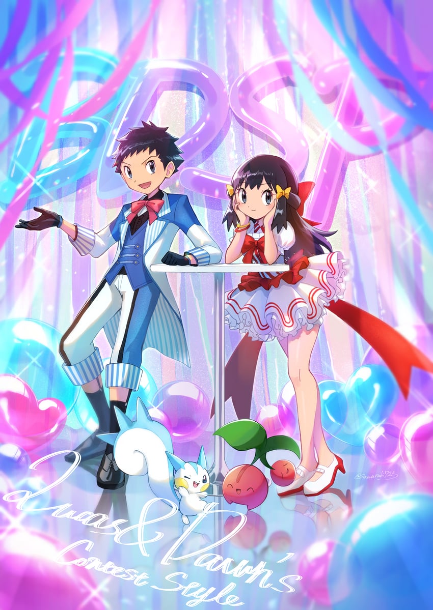 dawn, lucas, pachirisu, and cherubi (pokemon and 1 more) drawn by sawarabi_(sawarabi725)