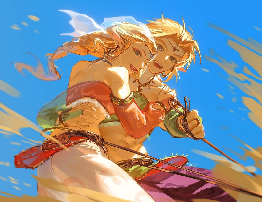 link and princess zelda (the legend of zelda and 2 more) drawn by duoj_ji