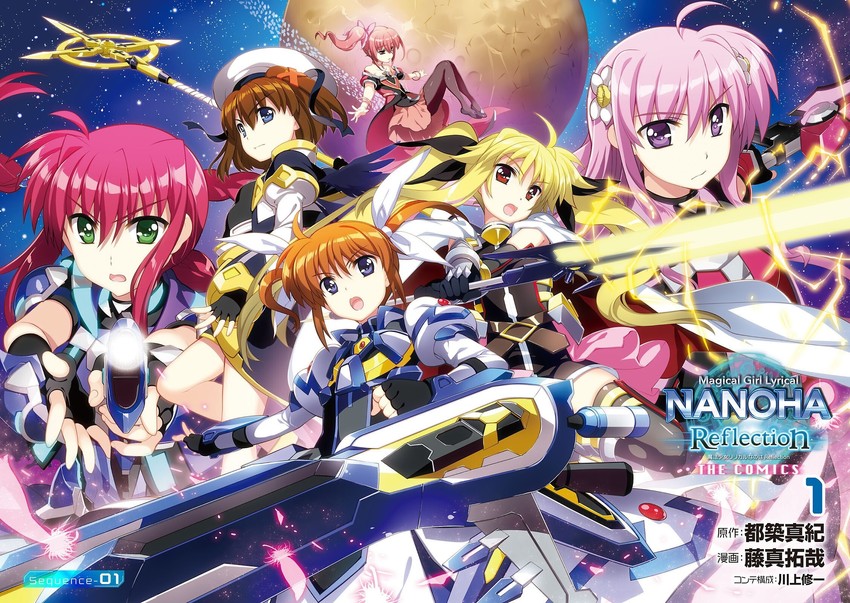 fate testarossa, takamachi nanoha, yagami hayate, raising heart, bardiche, and 6 more (lyrical nanoha and 2 more) drawn by fujima_takuya