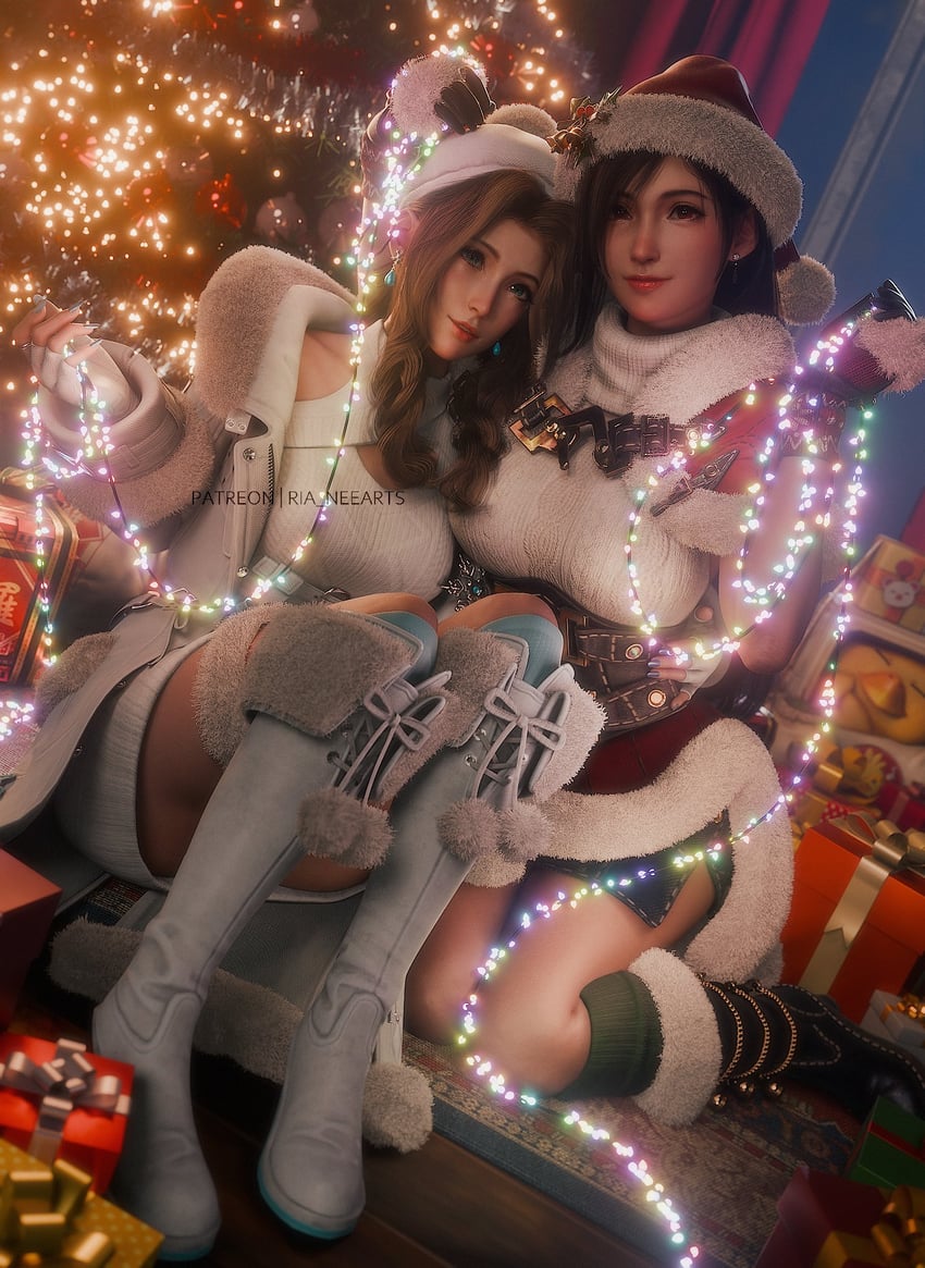 tifa lockhart, aerith gainsborough, and moogle (final fantasy and 3 more) drawn by ria_(baka-neearts)