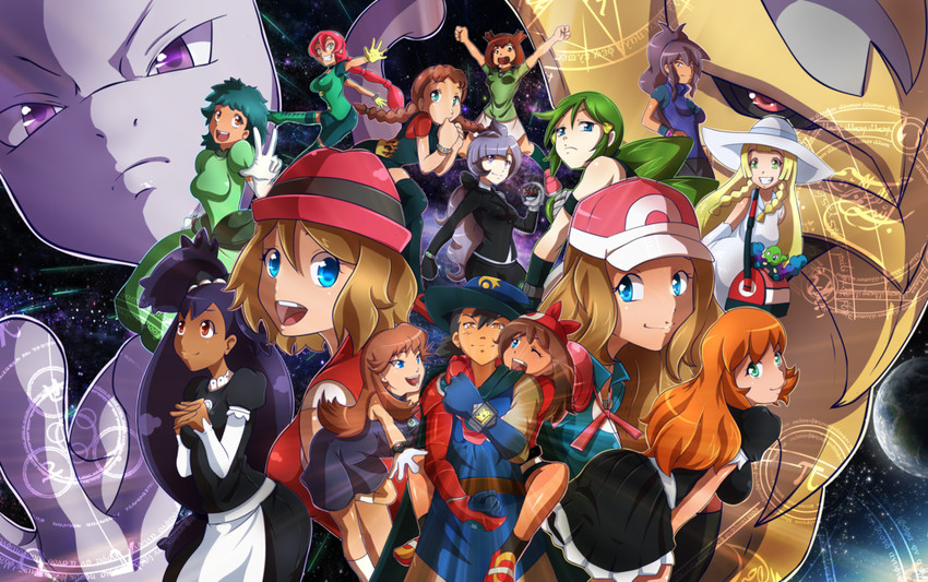 lillie, may, ash ketchum, serena, misty, and 15 more (pokemon and 4 more) drawn by juanchi