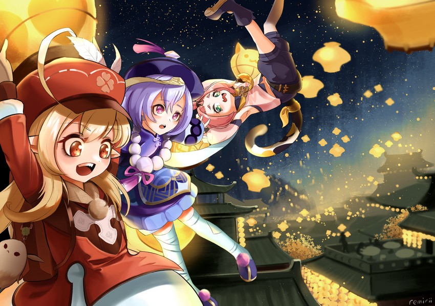 klee, qiqi, dodoco, jumpy dumpty, and diona (genshin impact) drawn by remirii