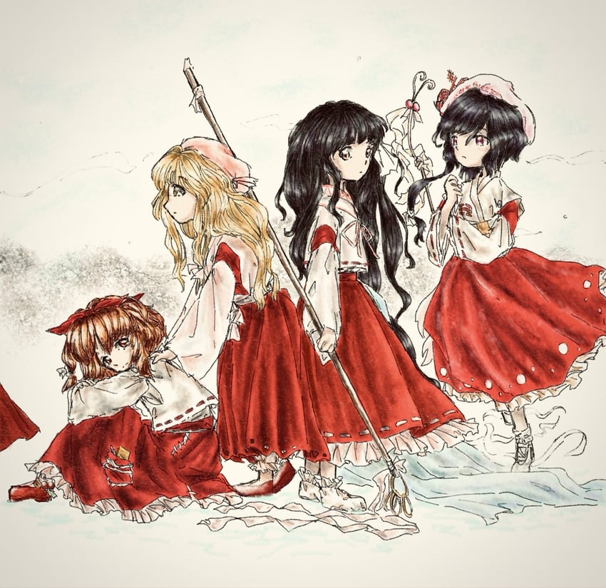 girl who trained on mt. haku, hourai girl, moonlight's anti-soul, and blonde shrine maiden from a future era (touhou and 1 more) drawn by kai_stiffa