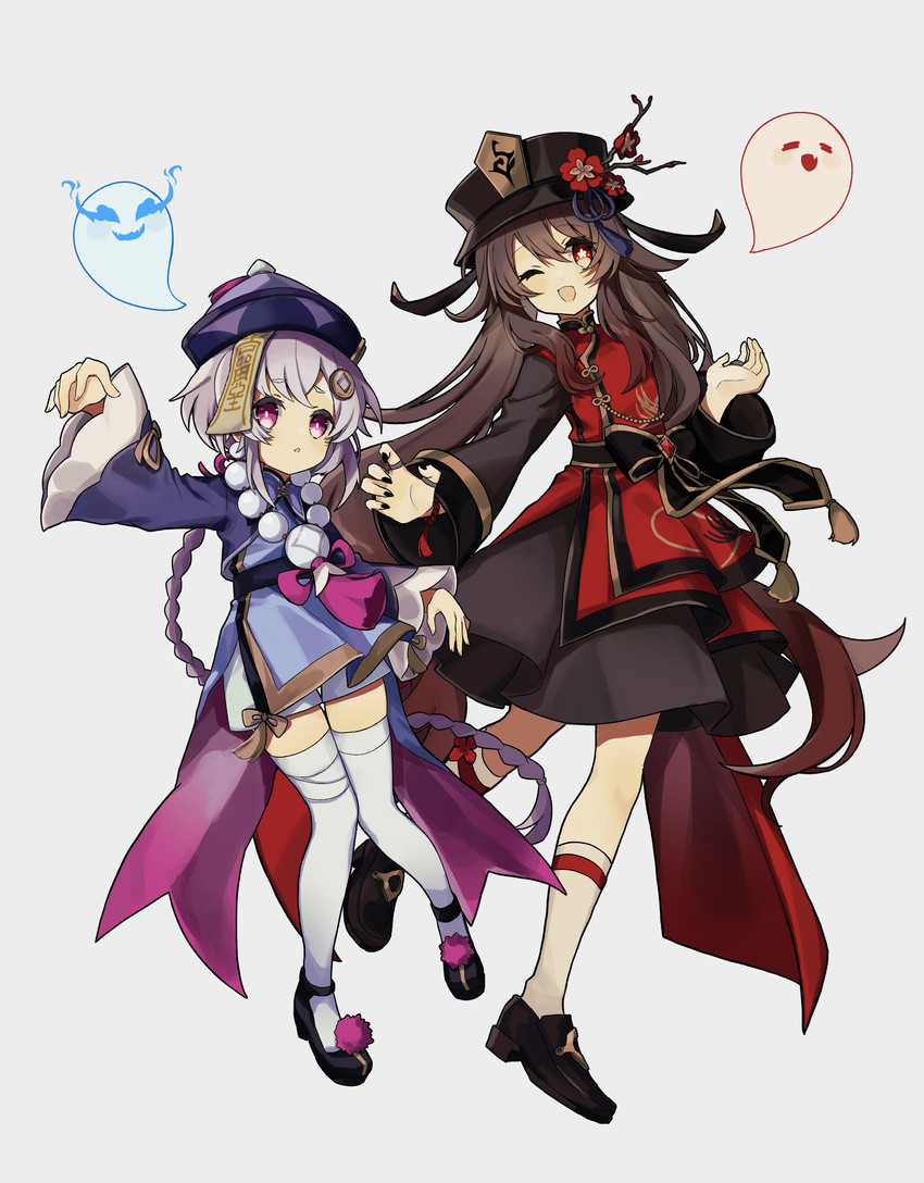 hu tao, boo tao, and qiqi (genshin impact) drawn by merry-san
