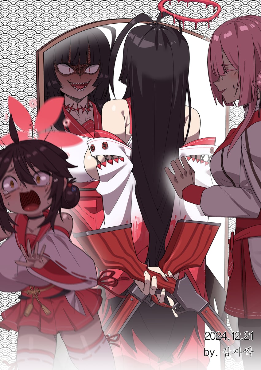 tsurugi, kaede, and mimori (blue archive) drawn by gamjasssak
