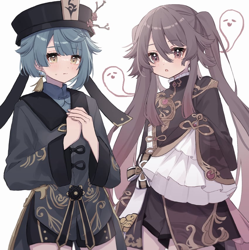 hu tao, boo tao, and xingqiu (genshin impact) drawn by roku_6
