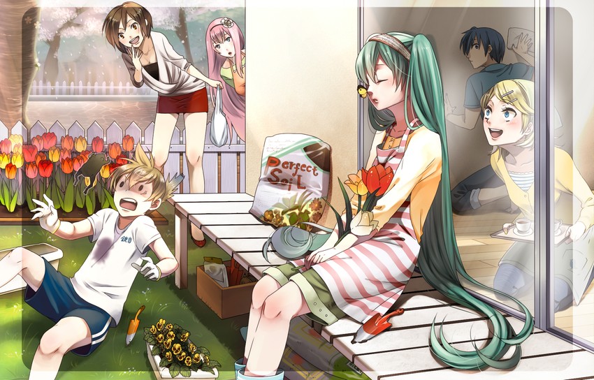 hatsune miku, kagamine rin, kagamine len, megurine luka, kaito, and 1 more (vocaloid) drawn by soukaikei_non