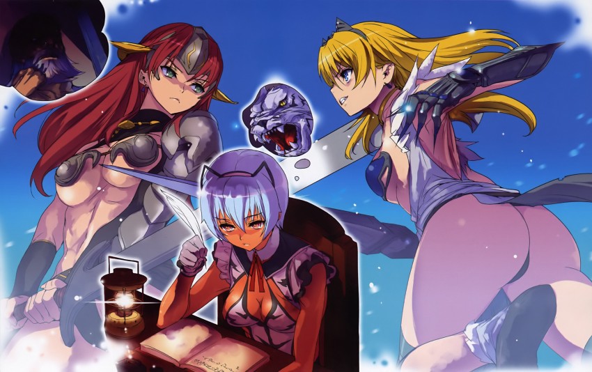 elina, captain of the royal guard elina, irma, fang assassin irma, claudette, and 1 more (queen's blade) drawn by akaga_hirotaka