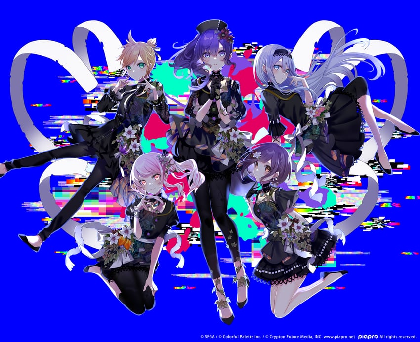 kagamine len, asahina mafuyu, shinonome ena, akiyama mizuki, yoisaki kanade, and 1 more (vocaloid and 2 more) drawn by saine