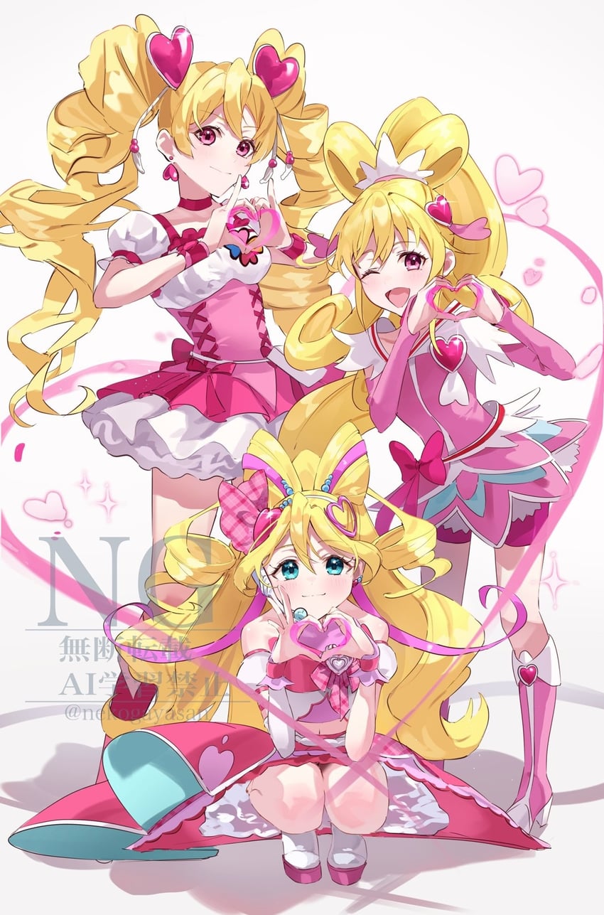 aida mana, momozono love, cure peach, cure heart, sakura uta, and 1 more (precure and 3 more) drawn by nekogayasan
