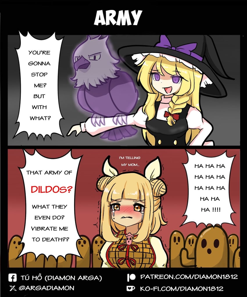 kirisame marisa, joutouguu mayumi, and eagle spirit (touhou) drawn by diamon_arga