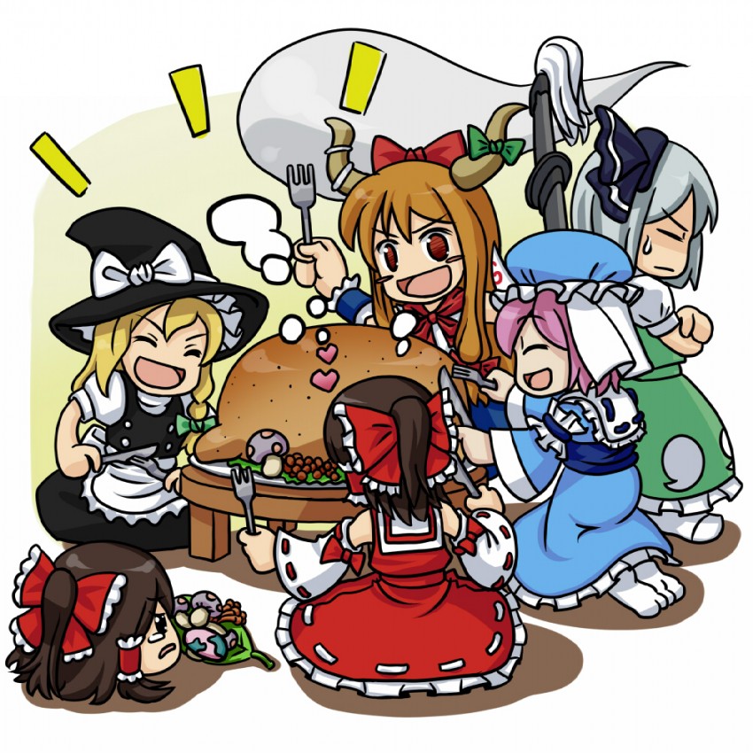 hakurei reimu, kirisame marisa, konpaku youmu, saigyouji yuyuko, and ibuki suika (touhou) drawn by aka-kabuto_no_gema