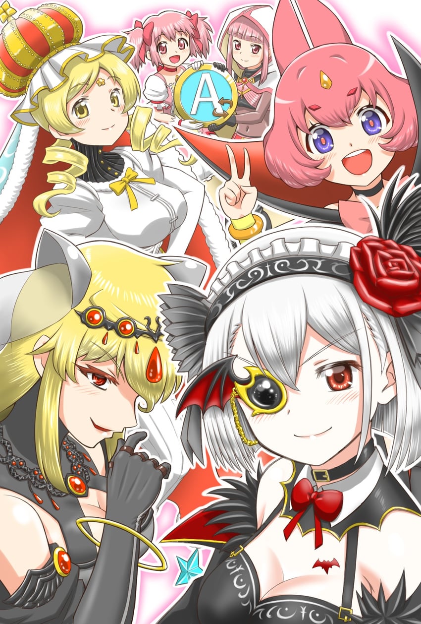 kaname madoka, tomoe mami, tamaki iroha, izumi kanagi, holy mami, and 2 more (mahou shoujo madoka magica and 2 more) drawn by sabu_(kk_sub)