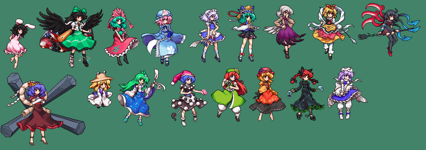 izayoi sakuya, kochiya sanae, hong meiling, saigyouji yuyuko, kaenbyou rin, and 12 more (touhou) drawn by namako_daibakuhatsu