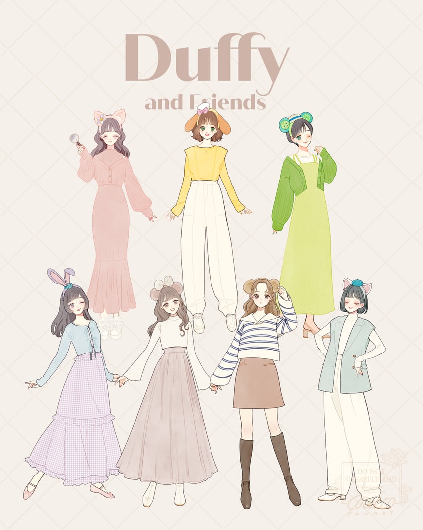 duffy the disney bear, gelatoni, shelliemay, stellalou, linabell, and 2 more (duffy and friends) drawn by meecosme