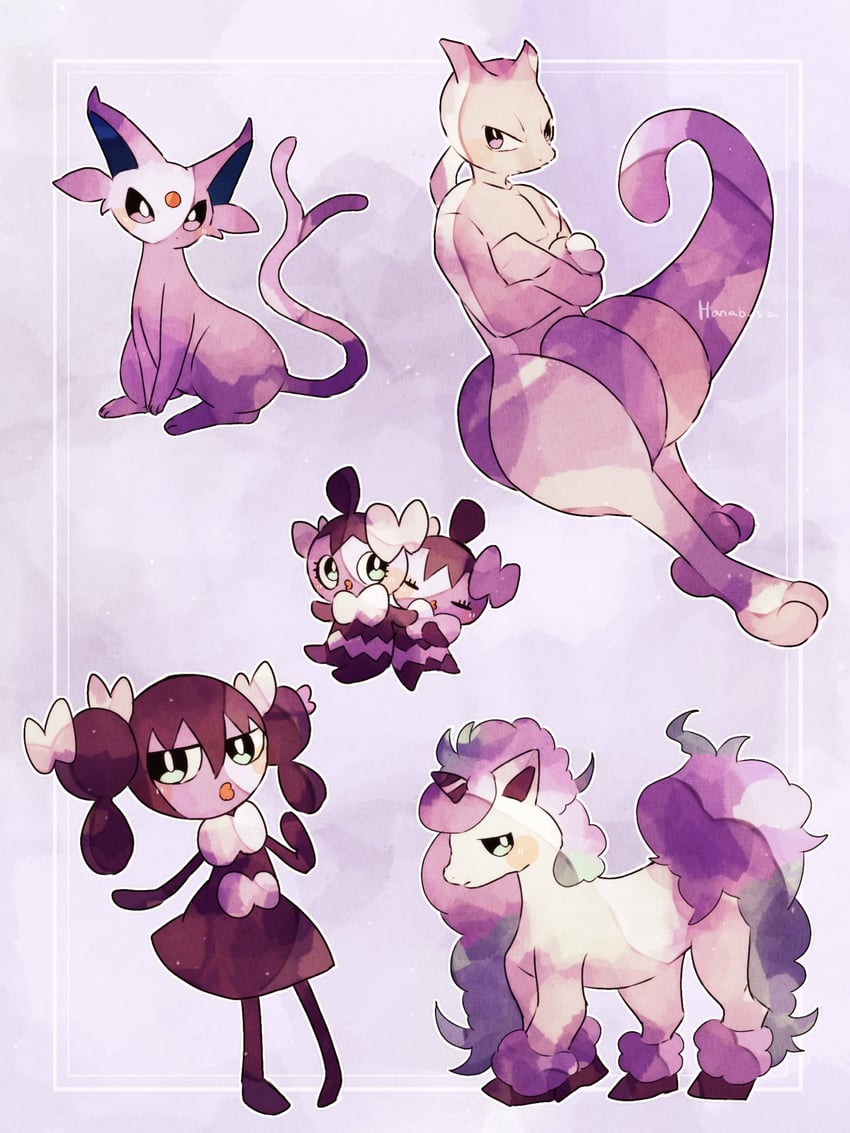 espeon, mewtwo, galarian ponyta, gothorita, and gothita (pokemon) drawn by hanabusaoekaki