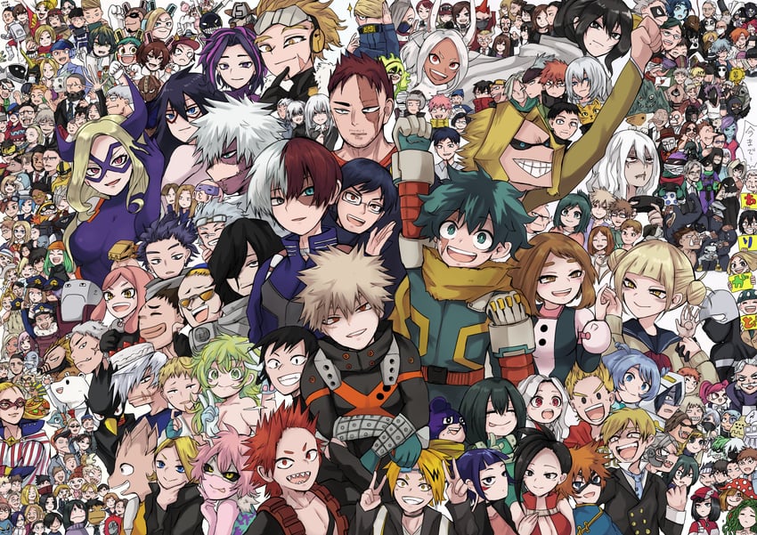 midoriya izuku, mirko, bakugou katsuki, uraraka ochaco, toga himiko, and 230 more (boku no hero academia) drawn by tamatamagon1030