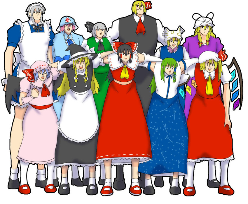 hakurei reimu, kirisame marisa, remilia scarlet, flandre scarlet, izayoi sakuya, and 6 more (touhou and 1 more) drawn by ryuukichi