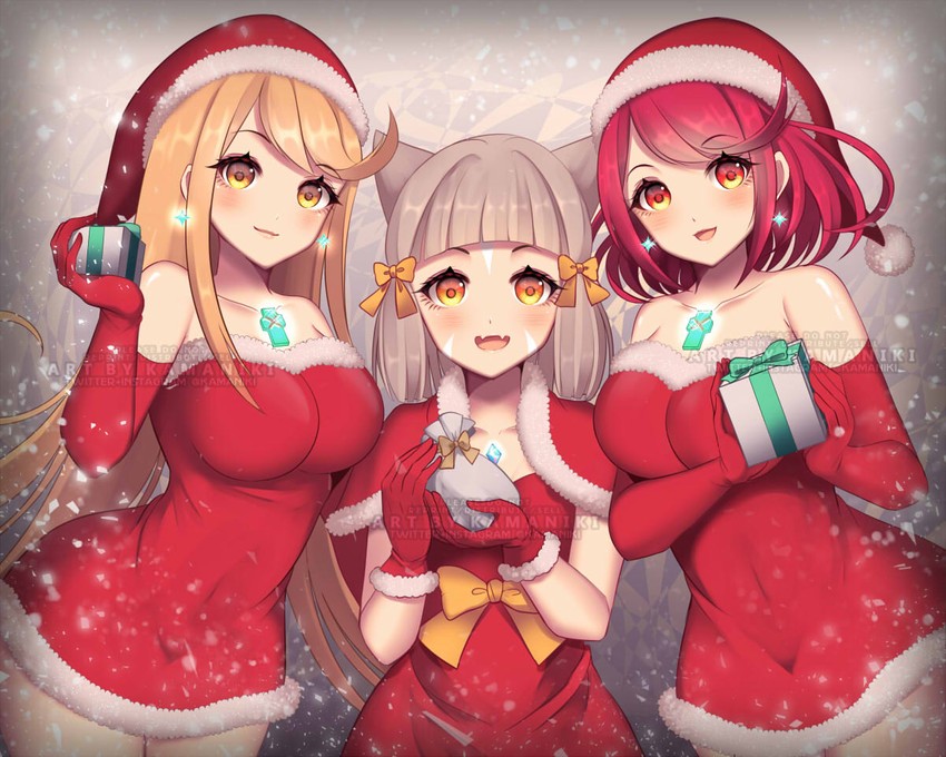 pyra, mythra, and nia (xenoblade chronicles and 1 more) drawn by kamaniki