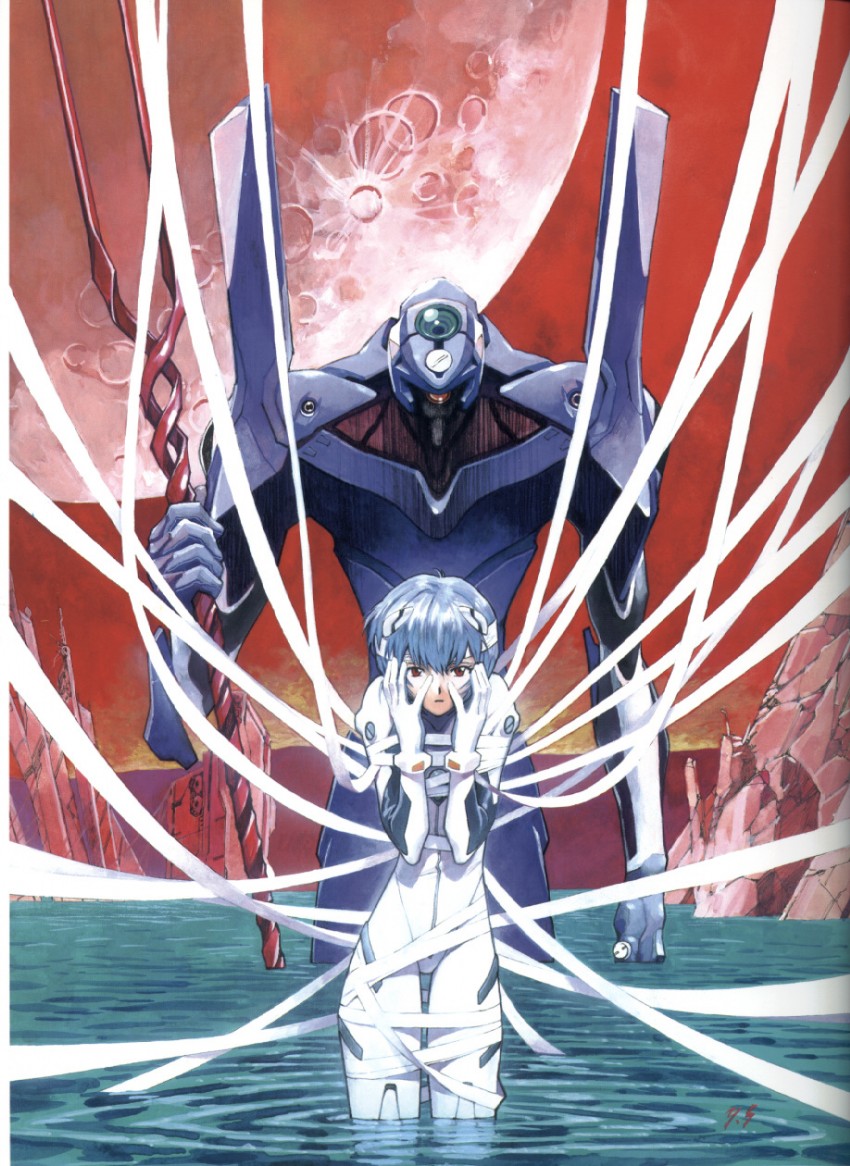 ayanami rei and eva 00 (neon genesis evangelion) drawn by sadamoto_yoshiyuki