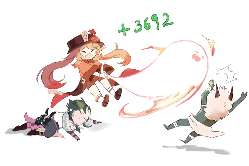 hu tao, xiao, boo tao, and hilichurl (genshin impact) drawn by finn.