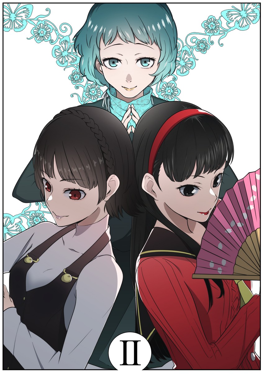 amagi yukiko, niijima makoto, and yamagishi fuuka (persona and 3 more) drawn by bassan7