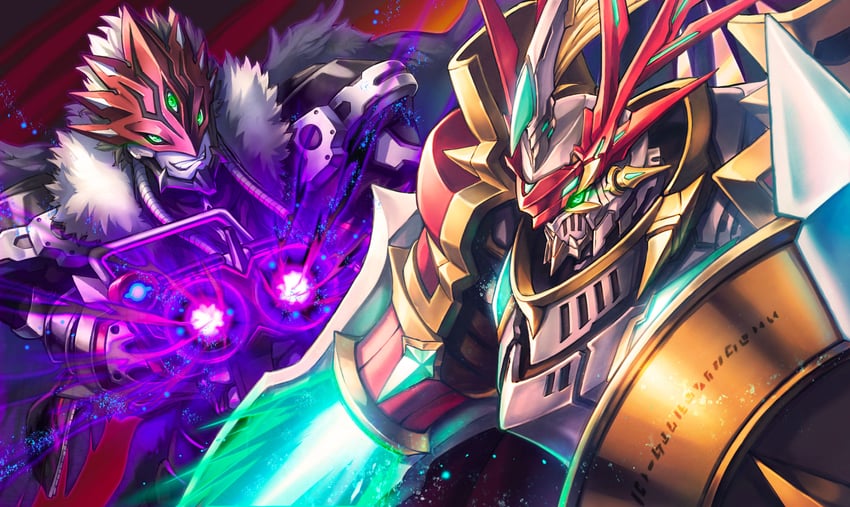 dukemon, beelzebumon, dukemon x-antibody, and beelzebumon x-antibody (digimon) drawn by tosaka_rai