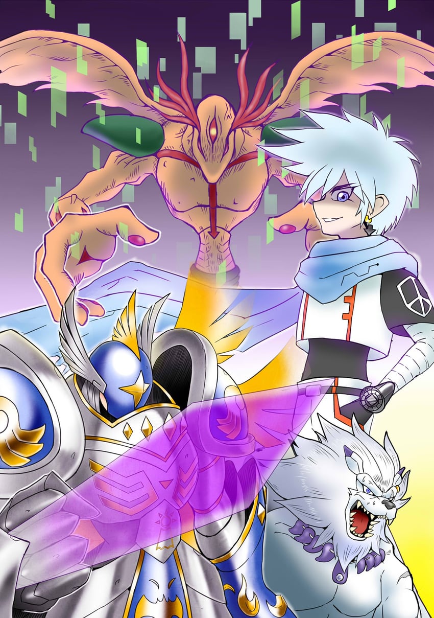 seraphimon, arkadimon adult, saiba neo, and panjyamon (digimon and 1 more) drawn by yamamoto_zetta
