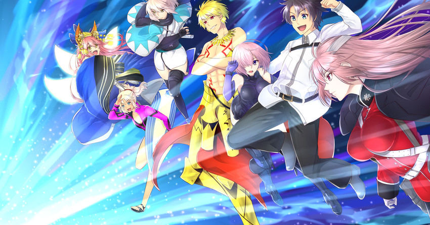 mash kyrielight, fujimaru ritsuka, tamamo, okita souji, gilgamesh, and 3 more (fate and 5 more) drawn by bukiya_(weaponman)