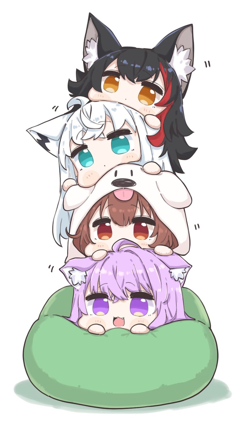 shirakami fubuki, nekomata okayu, ookami mio, and inugami korone (hololive) drawn by suzunoki_t