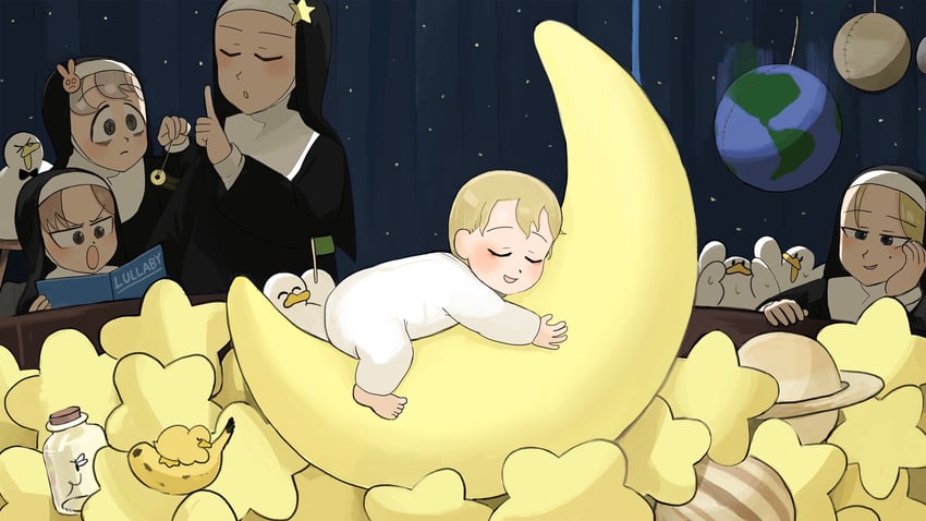 clumsy nun, strict nun, hungry nun, star nun, and bunny nun (little nuns) drawn by diva_(hyxpk)