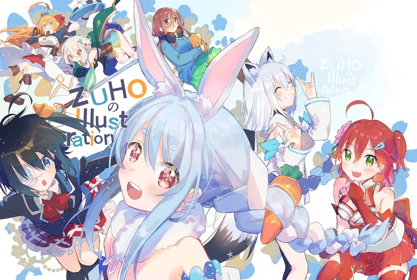shirakami fubuki, usada pekora, sakura miko, nakano miku, kokkoro, and 3 more (hololive and 3 more) drawn by zuho_(vega)
