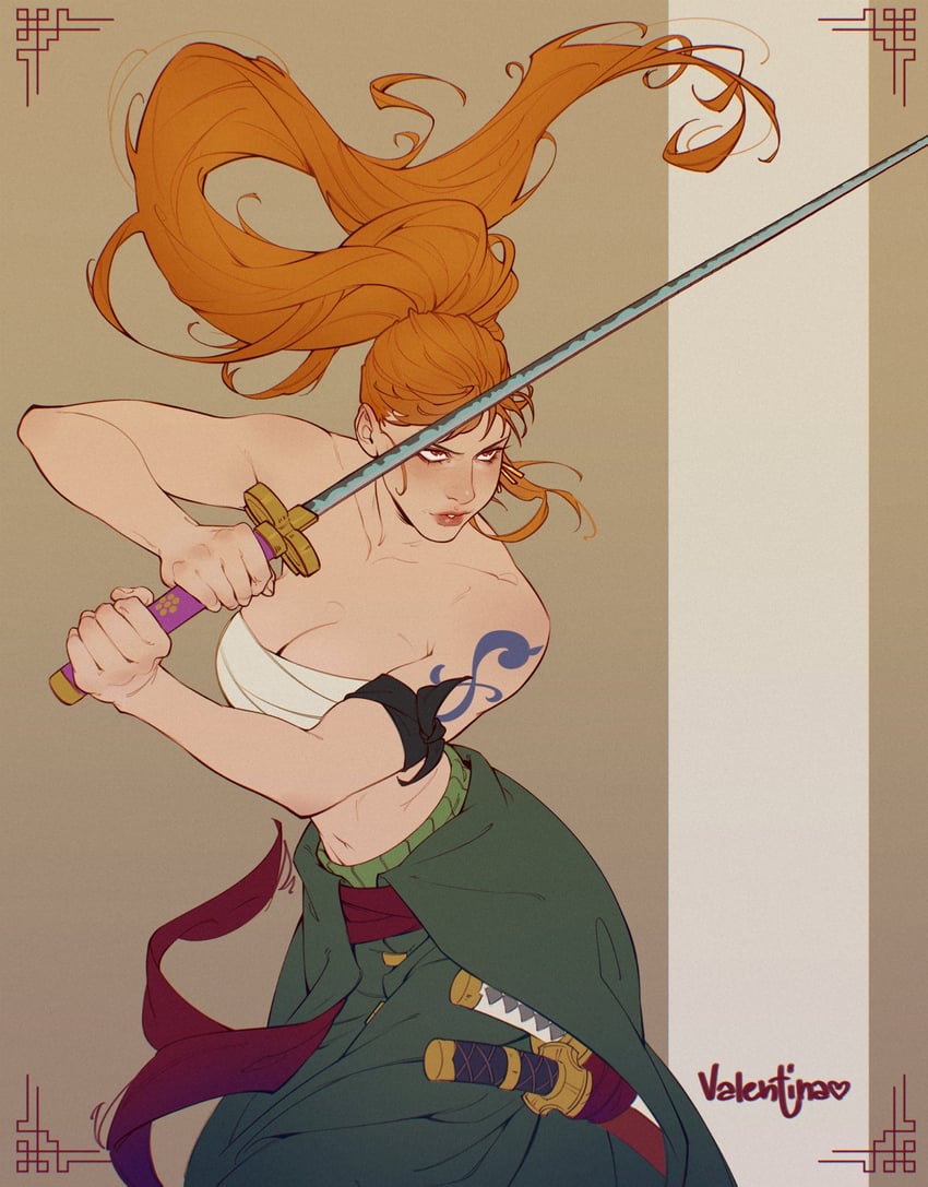 nami and roronoa zoro (one piece) drawn by valentina_tavolilla
