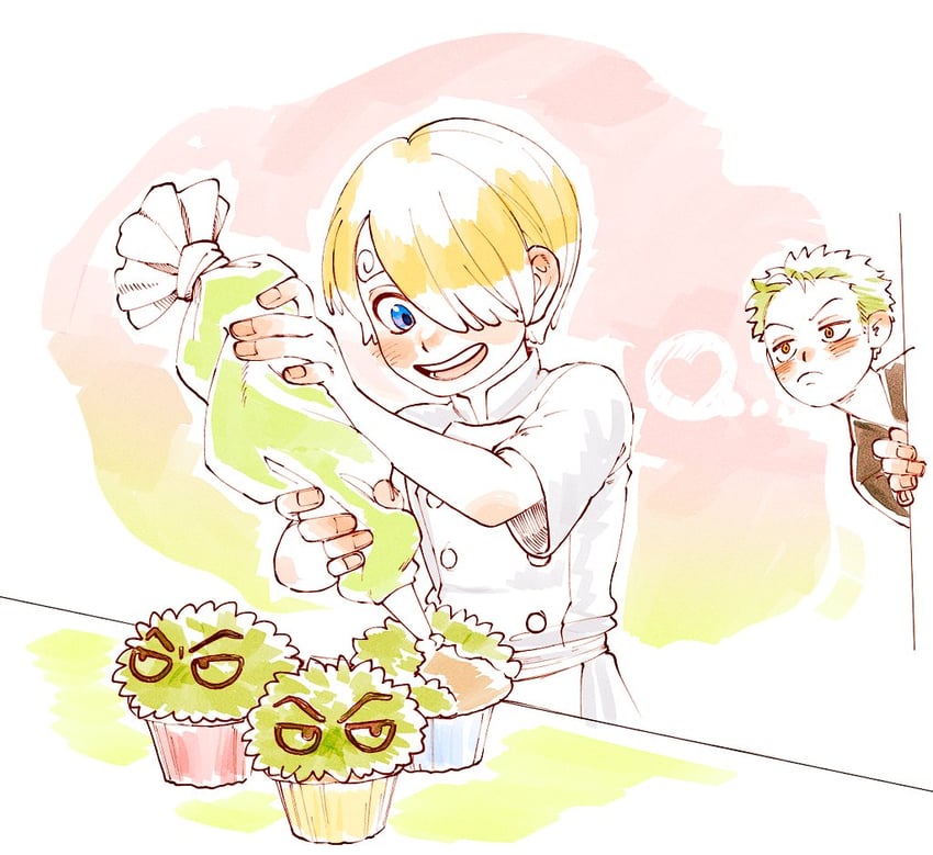 roronoa zoro, sanji, and marimo zoro (one piece) drawn by frog_of_hell