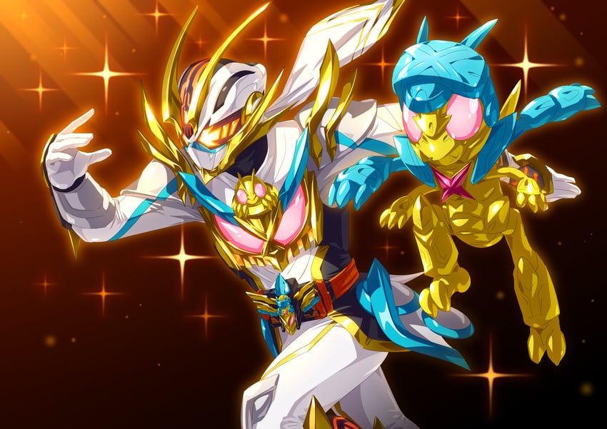 kamen rider gotchard, kamen rider platina gotchard, and crosshopper (kamen rider and 1 more) drawn by otokamu