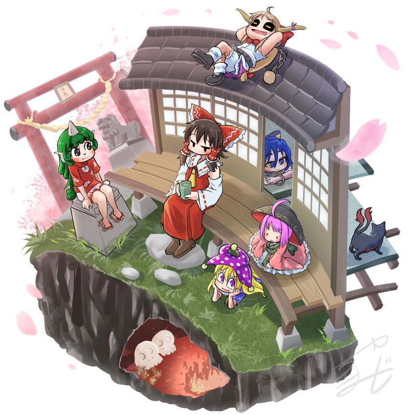 hakurei reimu, kaenbyou rin, ibuki suika, clownpiece, sukuna shinmyoumaru, and 2 more (touhou) drawn by chamaji