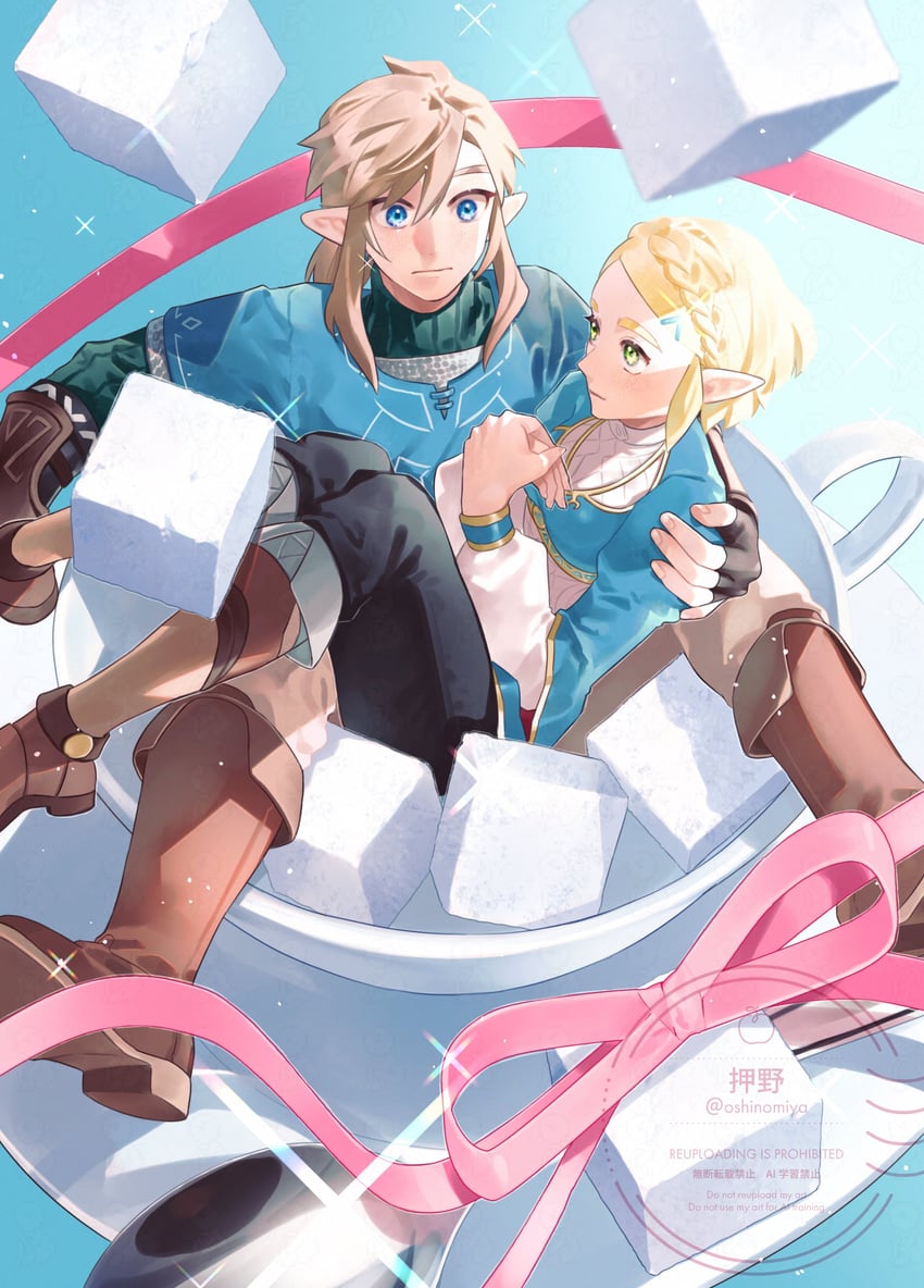 link and princess zelda (the legend of zelda and 1 more) drawn by oshinomiya