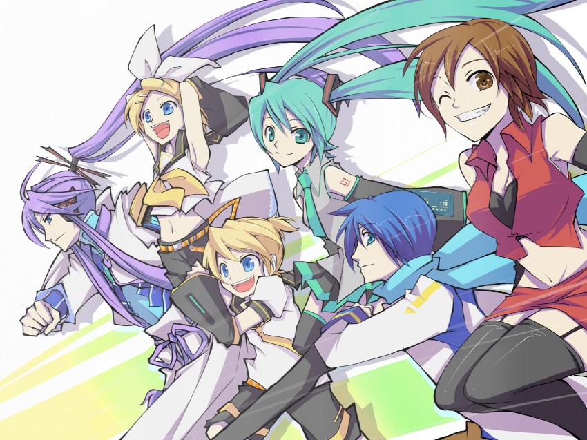 hatsune miku, kagamine rin, kagamine len, kaito, meiko, and 1 more (vocaloid) drawn by haru_aki