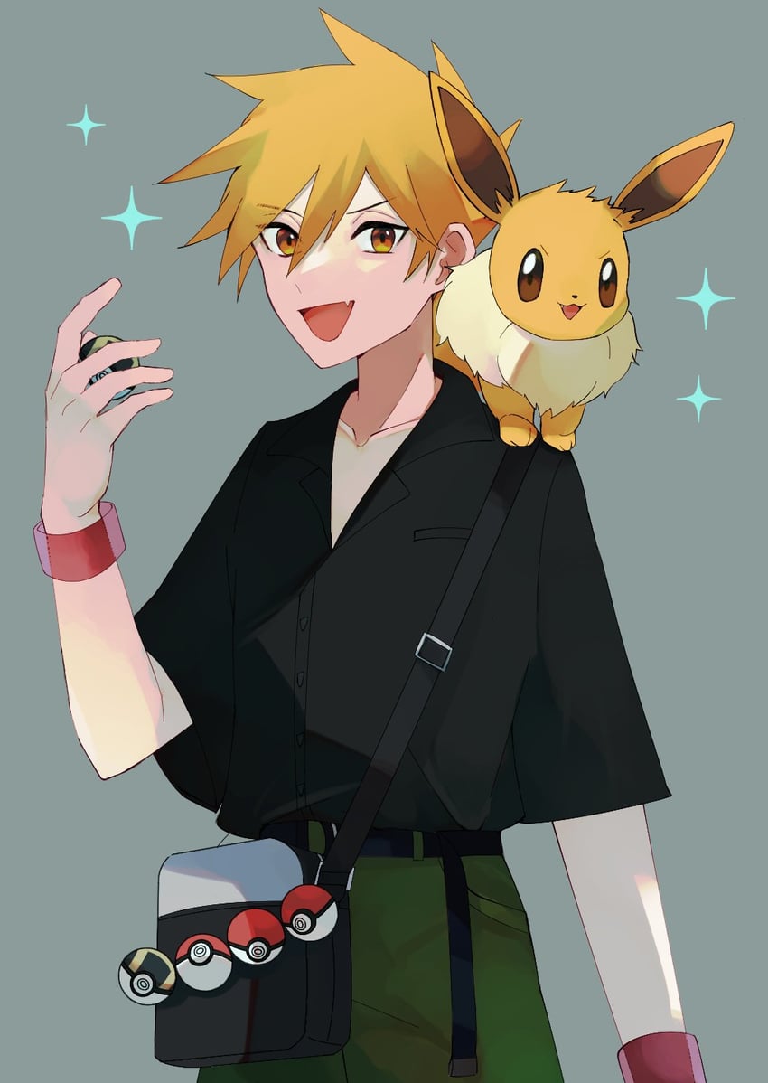 eevee and blue oak (pokemon and 1 more) drawn by norisukep